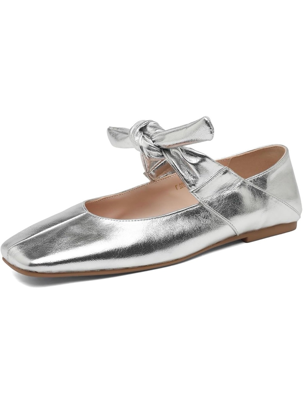 YYBYYB Silver Metallic Mary Jane Flats | Square Toe with Bow